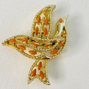 💎Signed Brooch Bird In Flight Gold Tone Metal & Amber Enamel Accents